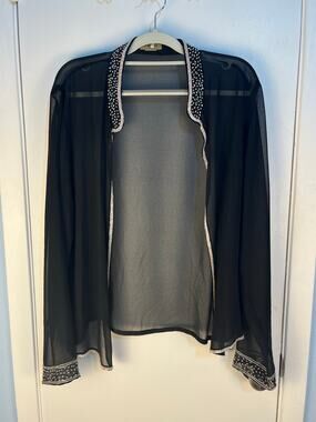 VTG Midnight Velvet Cardigan XL Sheer Black Beaded Elegant Cocktail Party Formal